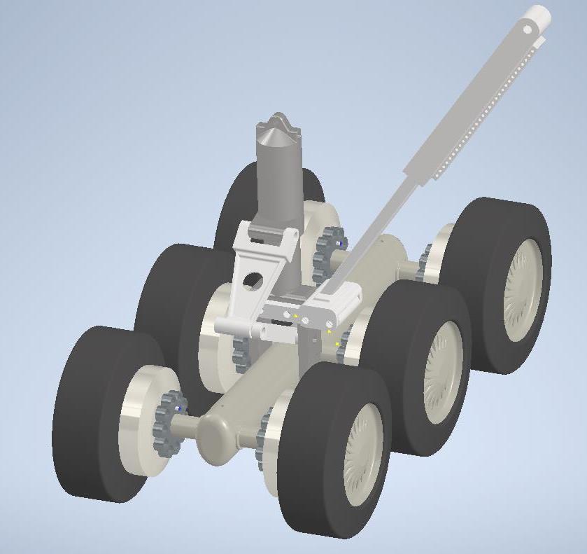 Bogie beam, akslar, oleo-pnömatik amortisör, tork bağlantıları ve hidrolik aktüatörün tek montajda birleştirildiği perspektif görünüş.
